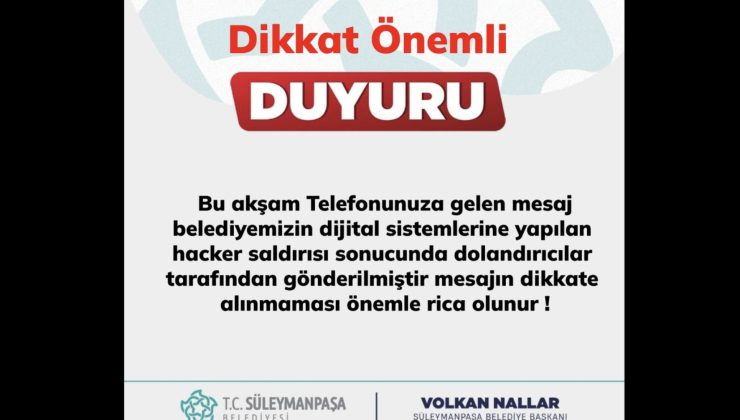 Süleymanpaşa Belediyesinden Dolandırıcılık Uyarısı